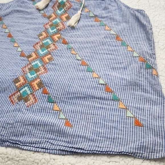 Striped Embroidered Tank Top with Tassel Tie Bohemian 100%Cotton Large - Picture 6 of 11